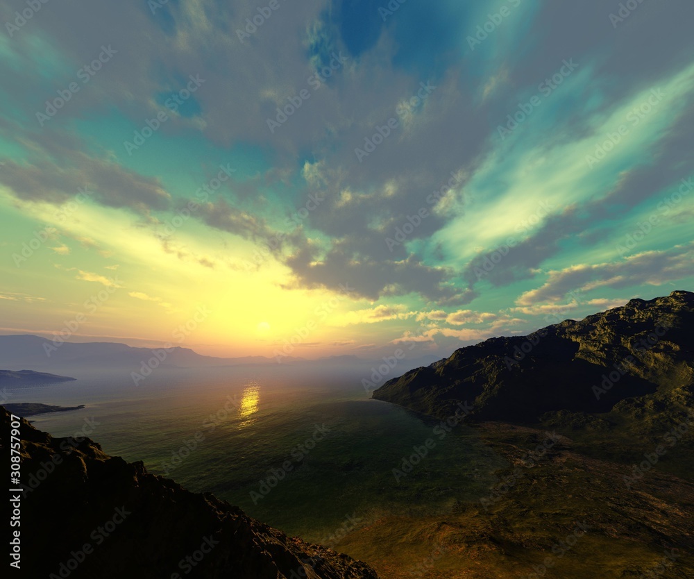 Beautiful sunset in the bay, sea sunrise over the harbor. 3d rendering.