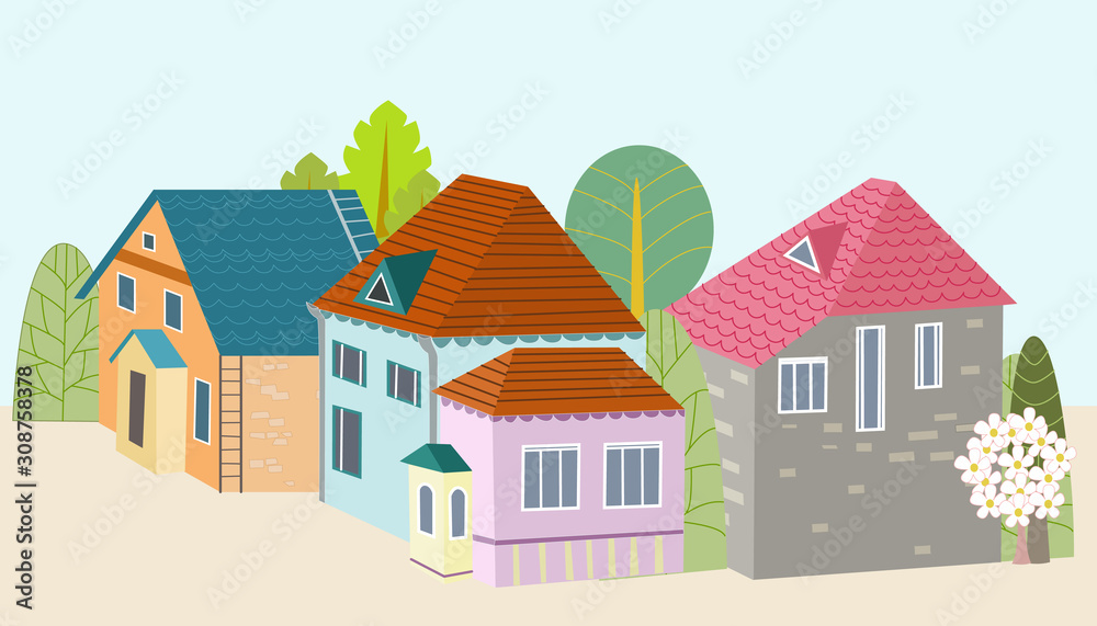 cute houses surrounded by trees for your design