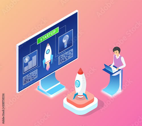 Business startup and launching of rocket vector, isolated monitor with information and data, man standing by pedestal with rocket, spaceship on stand