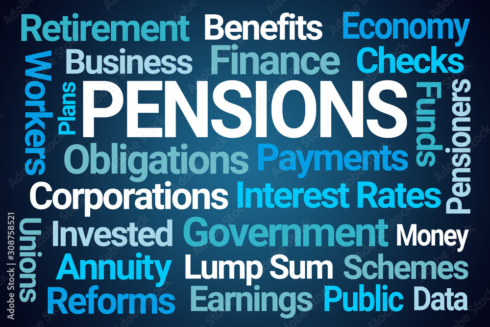 Pensions Word Cloud on Blue Background Pensions Word Cloud on Blue Background