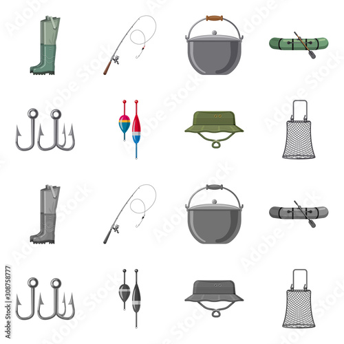 Vector illustration of fish and fishing icon. Collection of fish and equipment stock symbol for web.