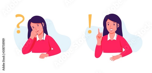 Girl thinking and getting an idea. Solution problemvector concept. Character illustration isolated on white background