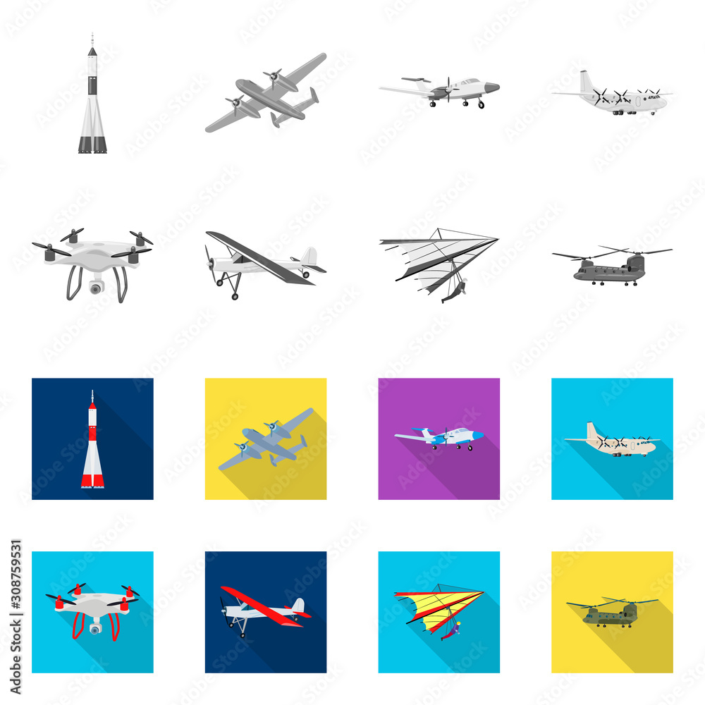 Vector illustration of plane and transport icon. Set of plane and sky vector icon for stock.