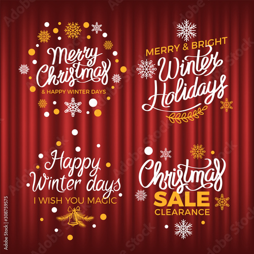 Happy winter days vector, greeting with holidays. Advertisements of price reduction and sales. Snowflakes and presents in boxes, seasonal proposition