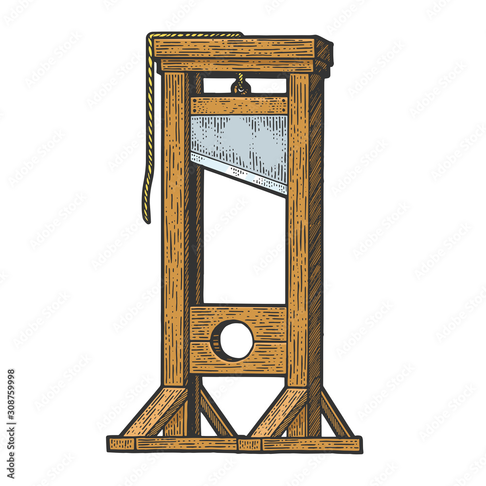 Guillotine medieval execution sketch engraving vector illustration. T