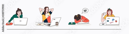 Stylish young women using laptops. Studying, browsing internet, social media, blogging. Online education or communication concept. Set of four hand drawn vector illustrations. Cartoon style