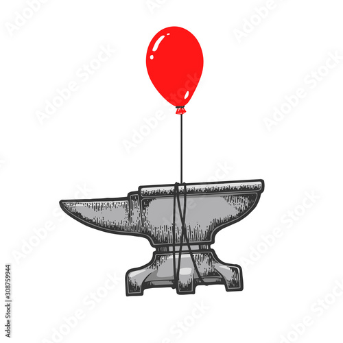 Blacksmith anvil is flying on air balloon sketch engraving vector illustration. T-shirt apparel print design. Scratch board style imitation. Black and white hand drawn image.