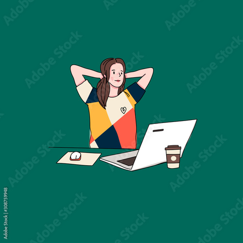 Stylish young woman is resting with laptop. Studying, browsing internet, social media, blogging. Online education or communication concept. Hand drawn vector illustration. Cartoon style