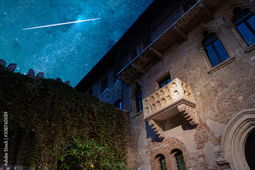 The original balcony of Romeo and Juliet under a stunning starry sky. Verona, Italy. Tragedy by William Shakespeare.