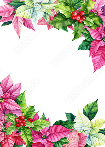 Frame of poinsettia on a white background. Watercolor illustration, greeting card with place for text, invitation