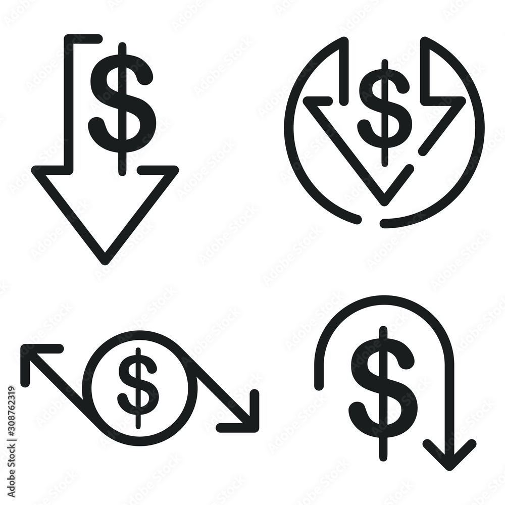 Cost reduction icon template color editable. Dollar Down symbol vector sign isolated on white background. Simple logo vector illustration for graphic and web design. Cost reduction icon template color editable. Dollar Down symbol vector sign isolated on white background. Simple logo vector illustration for graphic and web design.