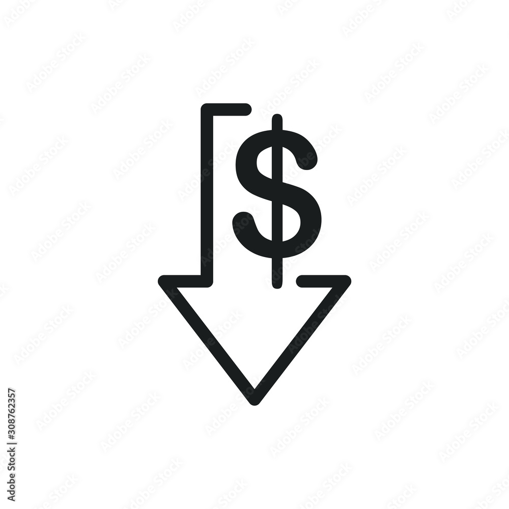 Cost reduction icon template color editable. Dollar Down symbol vector sign isolated on white background. Simple logo vector illustration for graphic and web design. Cost reduction icon template color editable. Dollar Down symbol vector sign isolated on white background. Simple logo vector illustration for graphic and web design.