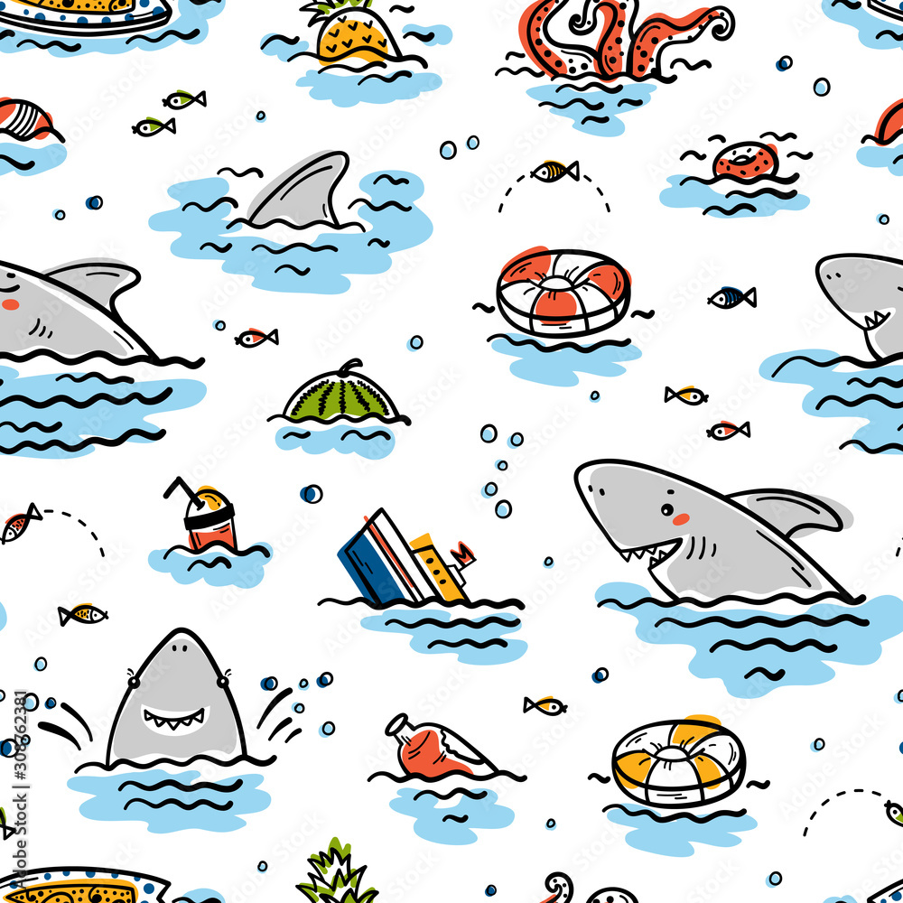 Cartoon Summer Sea Background for Kids. Vector Seamless Childish Pattern with Doodle Cute Shark Smiling Characters and Various Objects and Food Floating or Sinking in Water