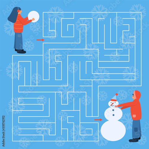 Maze game for kids. Help the girl find right way to his friend. Children make snowman. Winter activity. Christmas and New Year holidays.