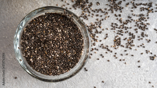 Seeds of chia closeup. Source of omega 3, top view