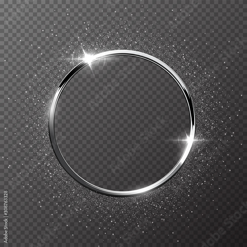 Silver sparkling ring with silver glitter isolated on transparent background. Vector metal frame. photo