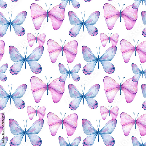  Watercolor seamless pattern with pink and blue butterflies.