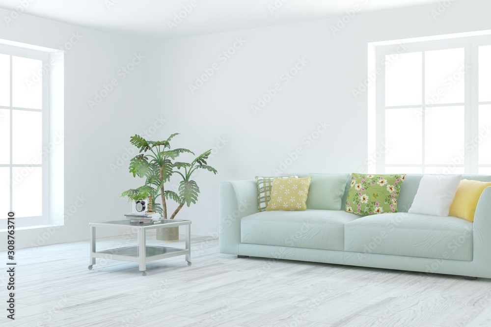 Fototapeta premium Stylish room in white color with sofa. Scandinavian interior design. 3D illustration