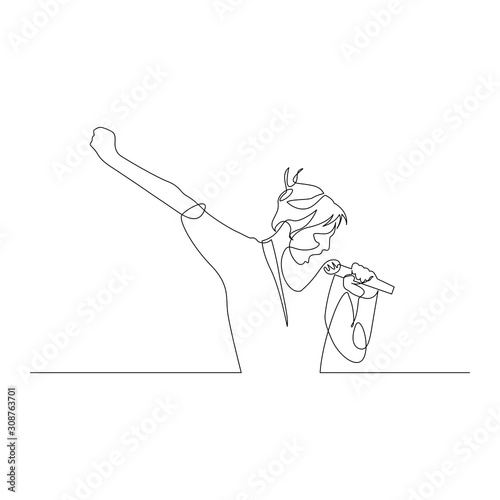 Continuous one line woman with a microphone in hand expressively sings. Karaoke. Vector