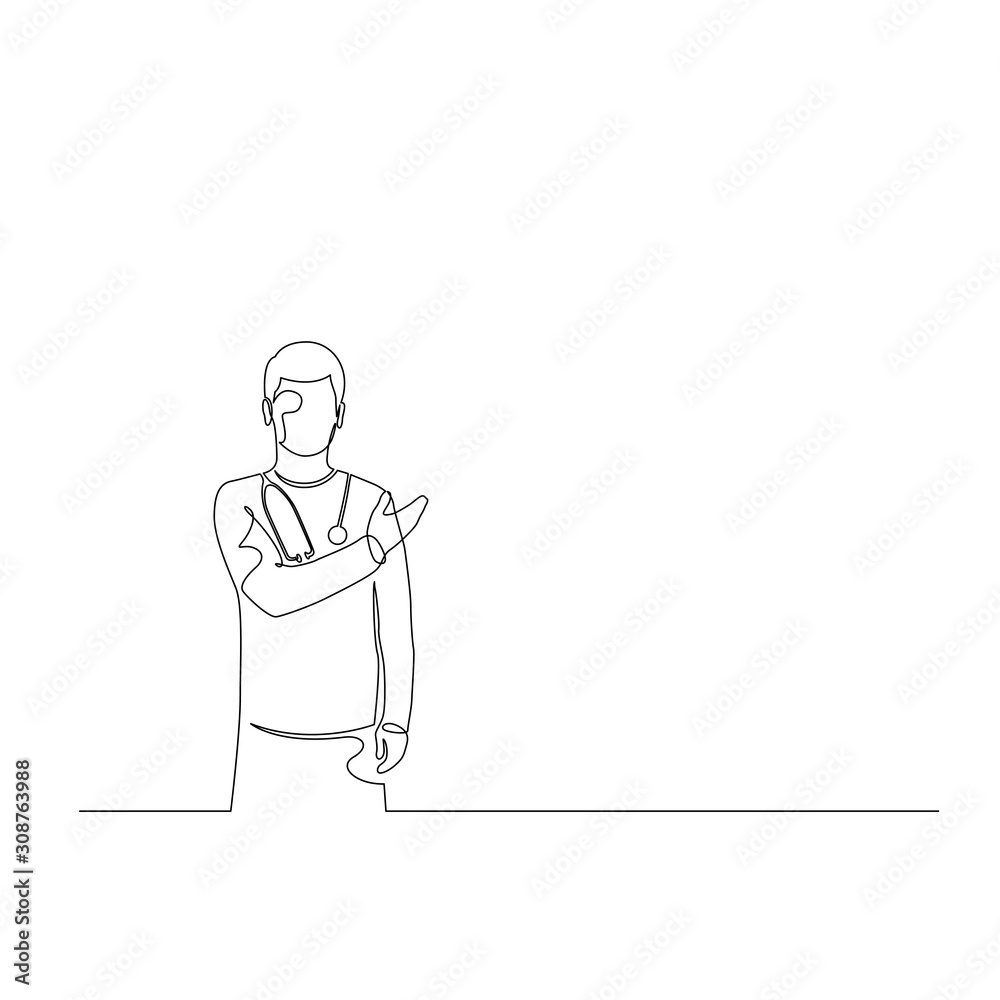 Continuous one line doctor man with phonendoscope point to empty space, copyspace. Vector illustration. Continuous one line doctor man with phonendoscope point to empty space, copyspace. Vector illustration.