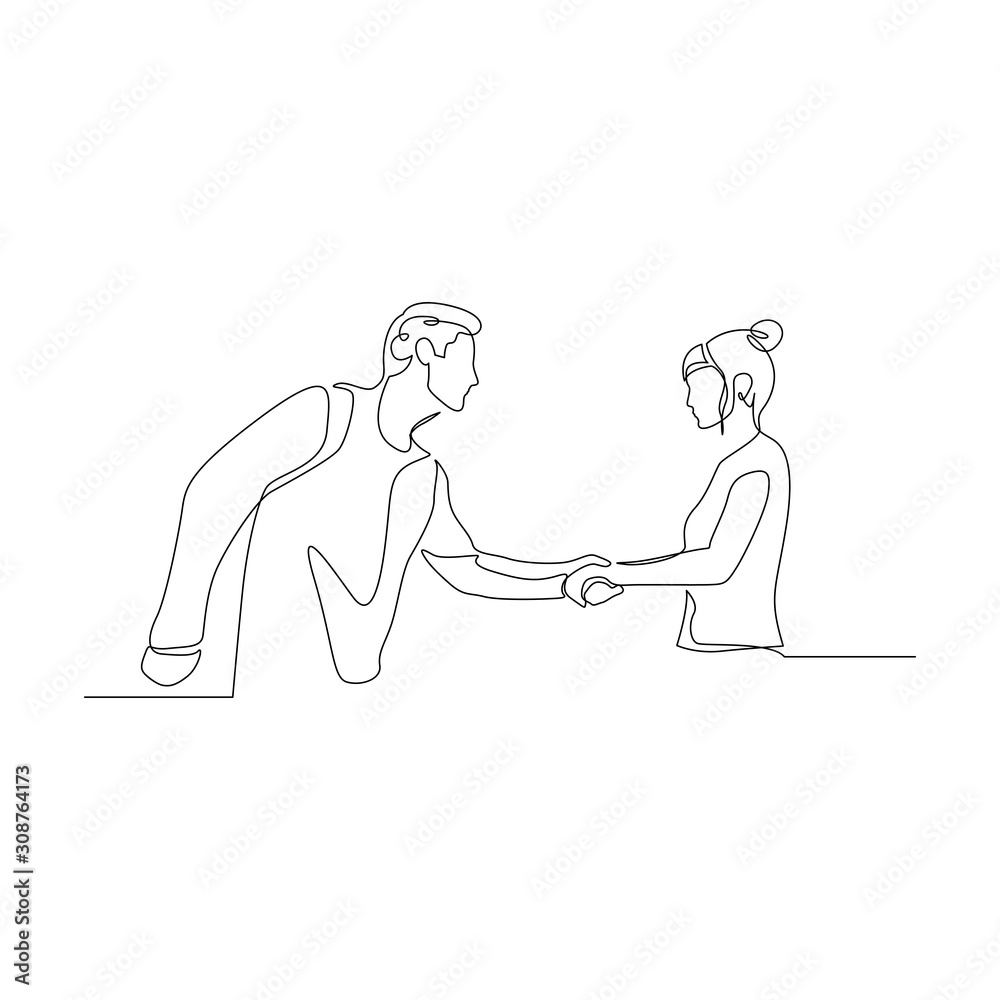 Continuous one line man shake hands with a woman. Vector illustration. Continuous one line man shake hands with a woman. Vector illustration.