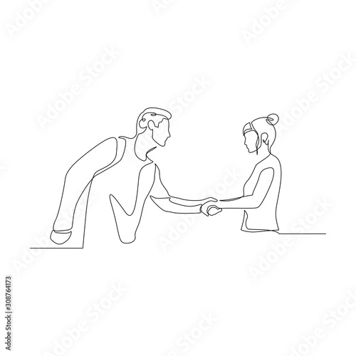Continuous one line man shake hands with a woman. Vector illustration.