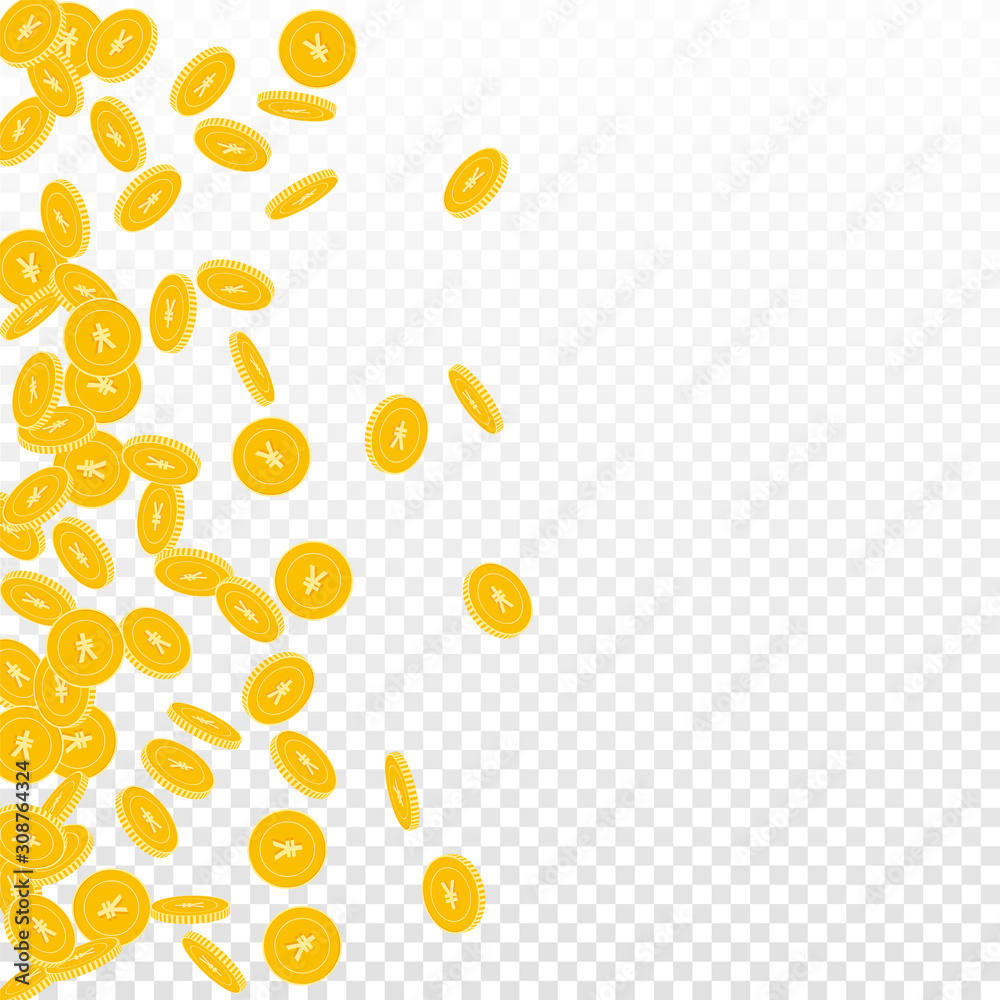 Chinese yuan coins falling. Scattered small CNY co