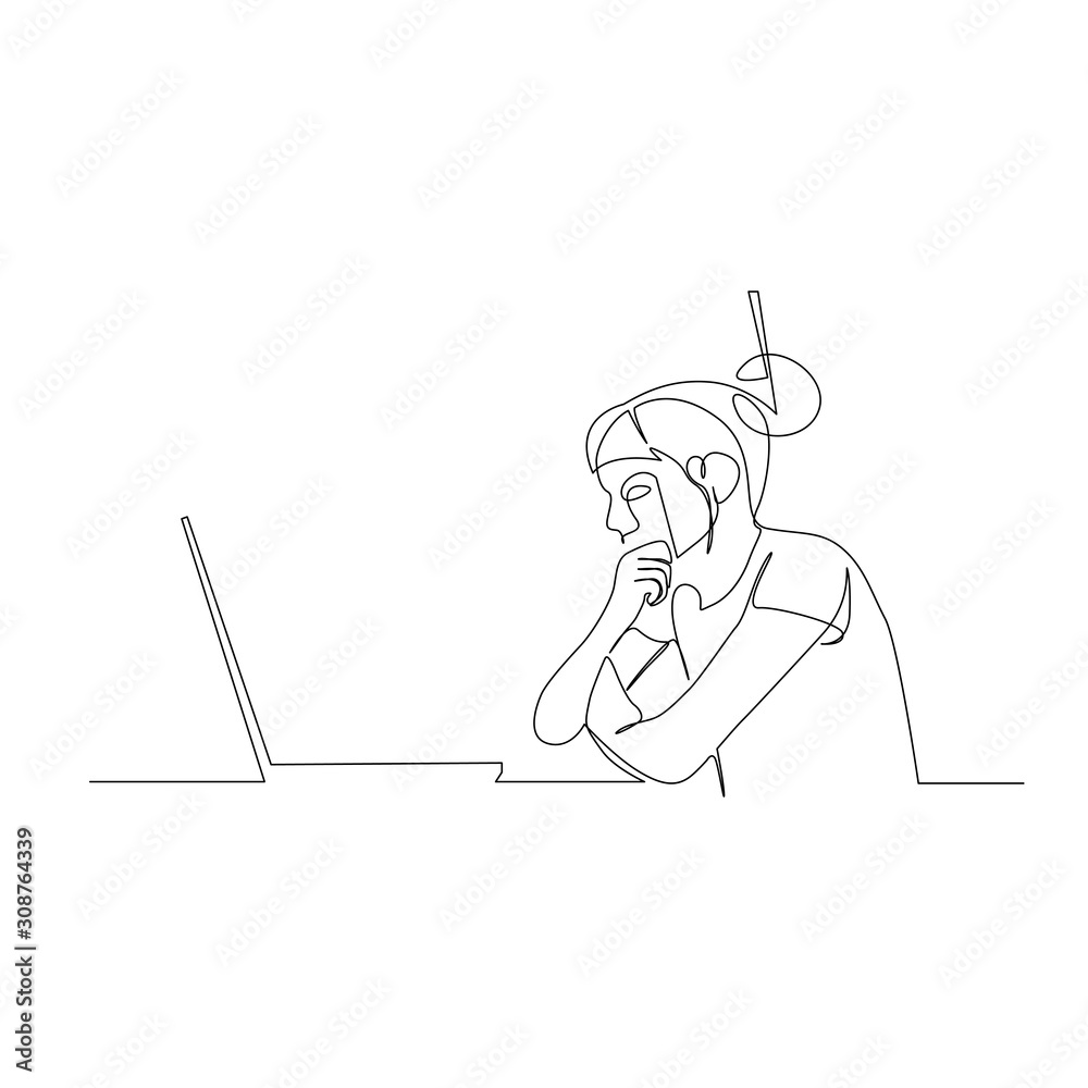 Obraz premium Continuous one line woman sitting thoughtfully in front of a laptop. Vector illustration.