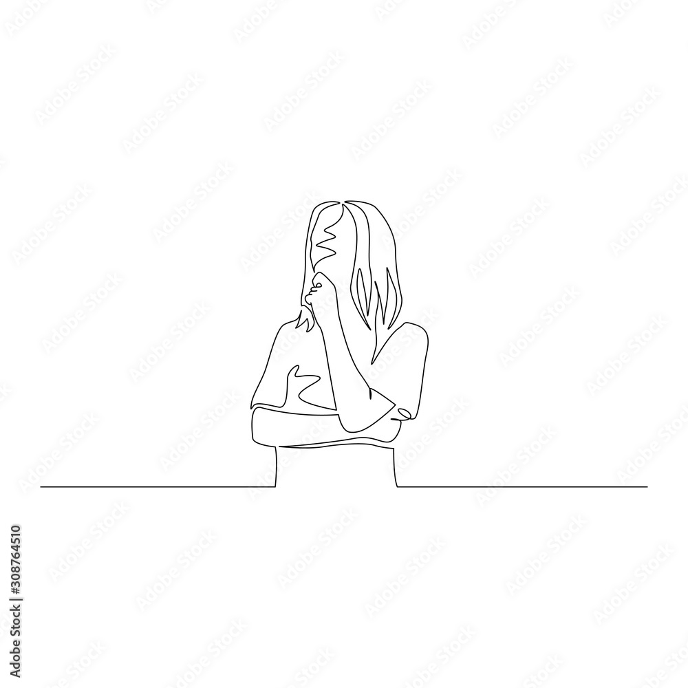 Continuous one line woman think about something holding her hand to her chin. Vector illustration. Continuous one line woman think about something holding her hand to her chin. Vector illustration.