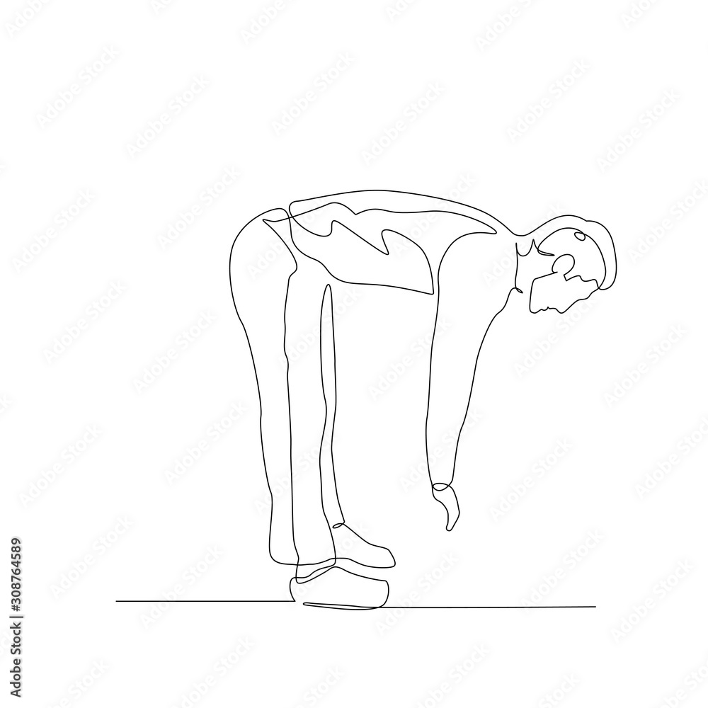 Continuous one line man does stretching legs, stretches his arms to the floor. Vector illustration. Continuous one line man does stretching legs, stretches his arms to the floor. Vector illustration.