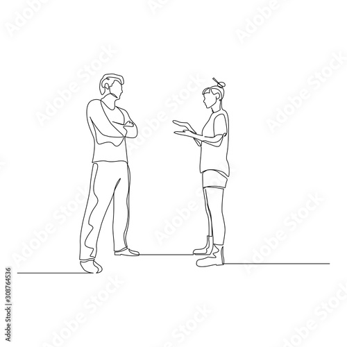 Continuous one line man and woman argue. Vector illustration.