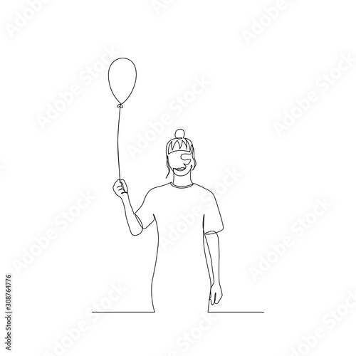 Continuous one line woman with air balloon in her hand. Birthday, holiday. Vector illustration. © Askha