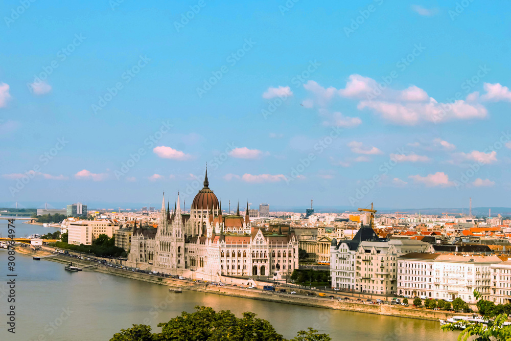 BUDAPEST, HUNGARY 29 JULY 2019: beautiful view of the Hungarian Parliament and the Danube river