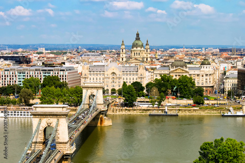 BUDAPEST, HUNGARY 29 JULY 2019: Chain Bridge, Danube River, Gresham Palace, Saint Stephen's Basilica