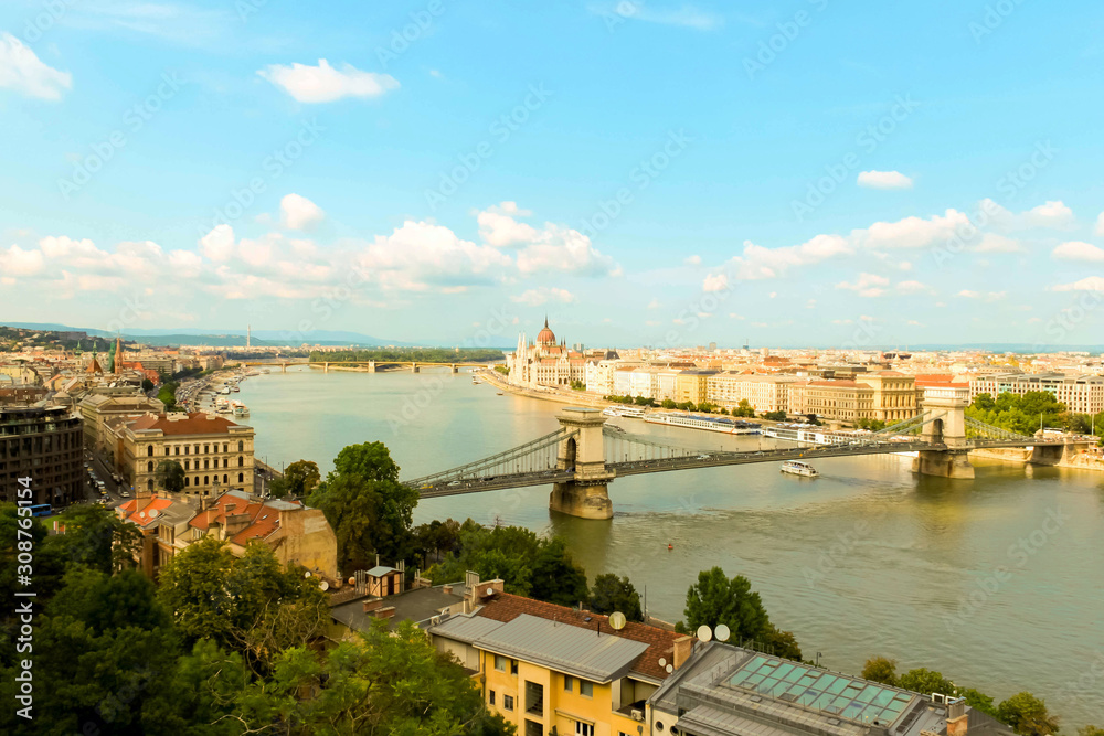 BUDAPEST, HUNGARY 29 JULY 2019: beautiful view of the Hungarian Parliament and the Danube river