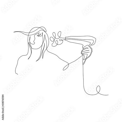Continuous one line woman dries hair with a hairdryer. Vector illustration.