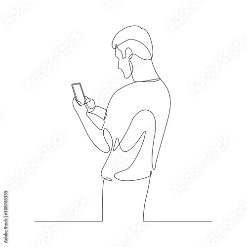 Continuous one line man chatting with a smartphone, spending time in a smartphone. Rear view. Stock illustration.