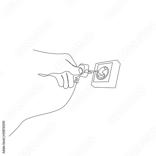 Continuous one line hand plugs into a power outlet. Electricity theme. vector illustration.