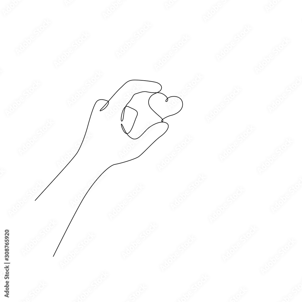 Continuous one line hand hold love heart with forefinger and thumb. Saint Valentine Day. Stock illustration. Continuous one line hand hold love heart with forefinger and thumb. Saint Valentine Day. Stock illustration.