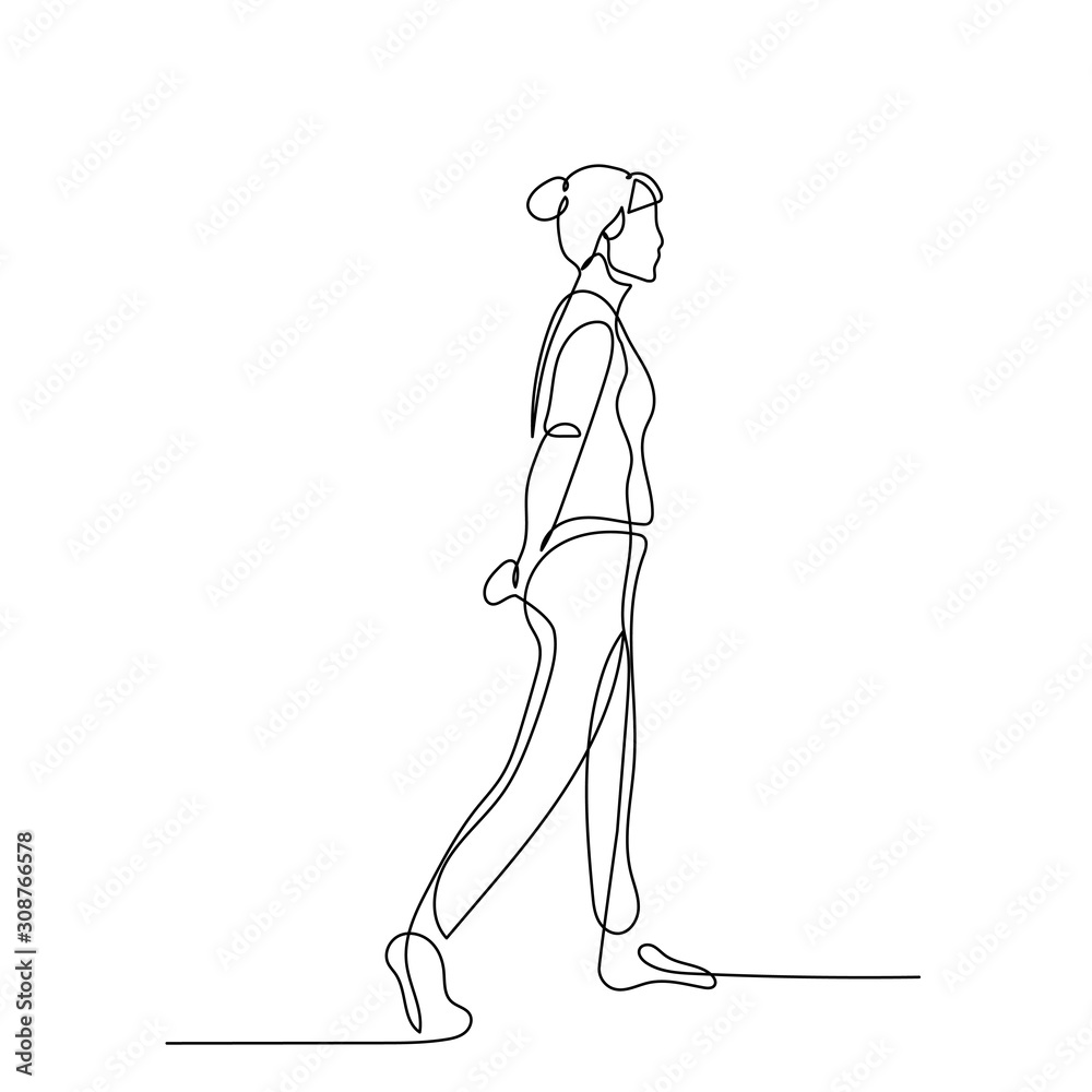 Continuous one line woman walk with hands behind her back. Vector illustration.