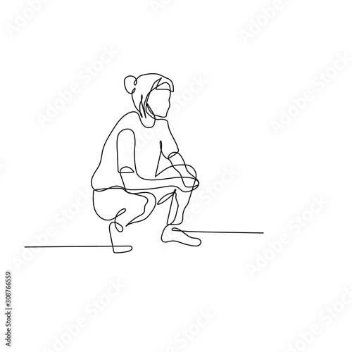 Continuous one line woman crouch sit. Vector illustration.