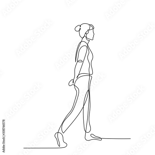 Continuous one line woman walk with hands behind her back. Vector illustration.
