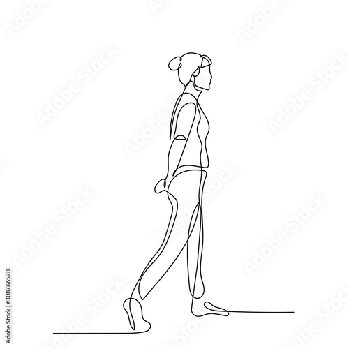 Obraz na płótnie Continuous one line woman walk with hands behind her back. Vector illustration. w salonie