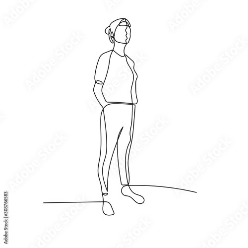 Continuous one line woman hands behind her back. Vector illustration.