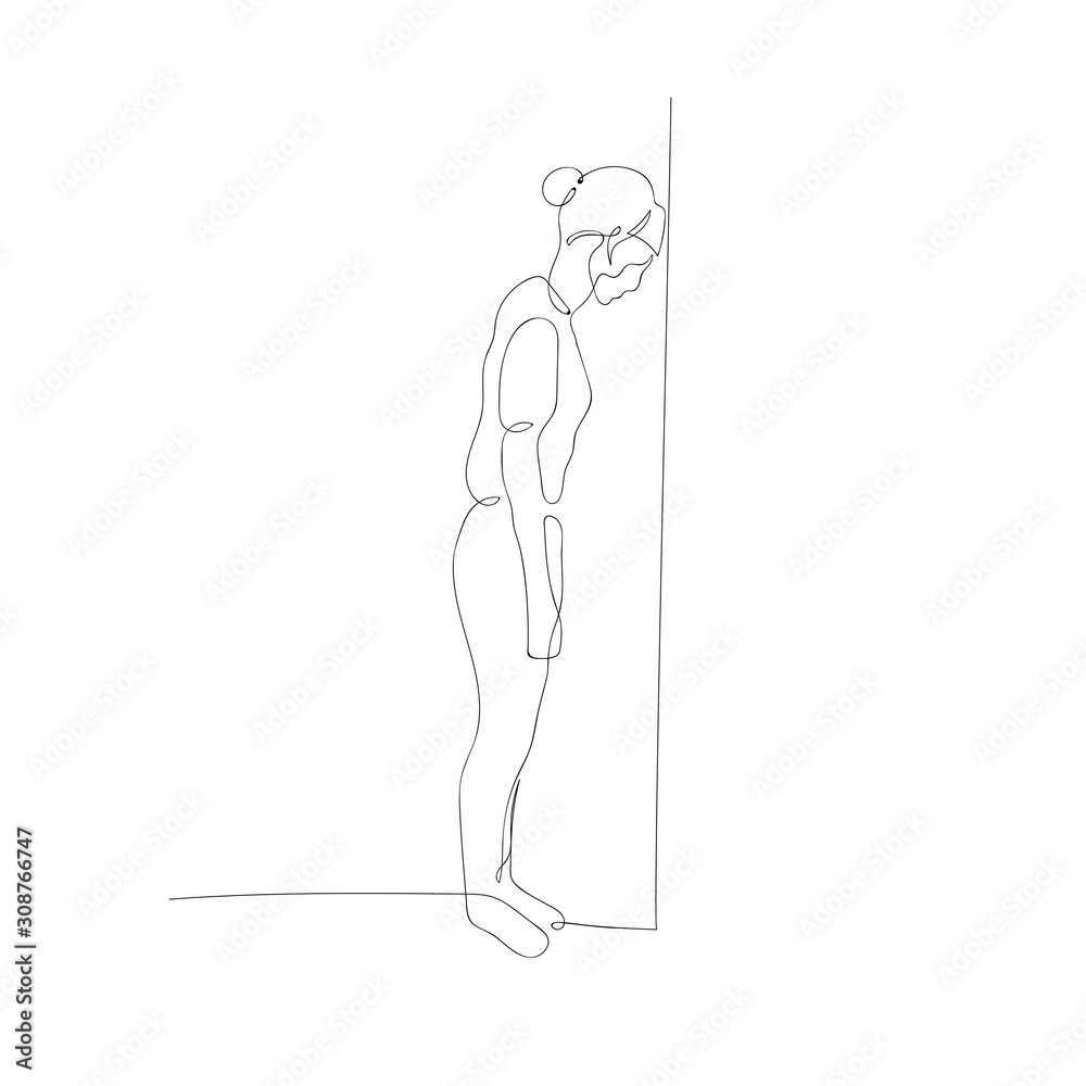 Continuous one line woman lean her head against the wall. Dead end, hopelessness, lack of prospects. Vector illustration.