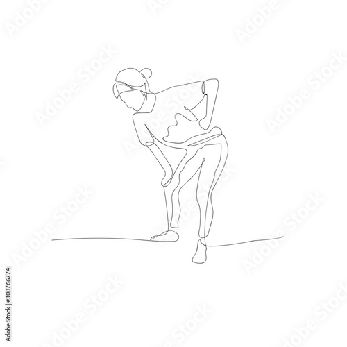 Continuous one line woman bend lower back. Lower back pain. Vector illustration.