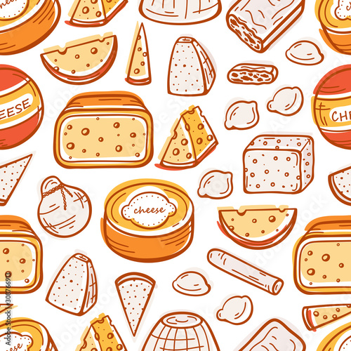 Dairy Products. Various Types of Cheese Seamless pattern. Cheese Pieces and Slices Doodle Sketch Vector Food Background