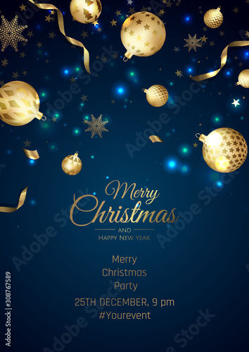 Fototapeta Naklejka Na Ścianę i Meble -  Merry Christmas and Happy New Year. Background with Snowflakes and balls design.