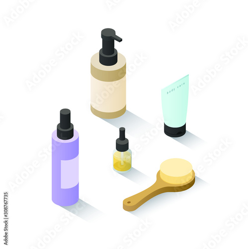 Vector isometric bathroom product, cosmetic containers set 