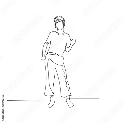 Continuous one line dancing woman with short wavy hair. Vector illustration.